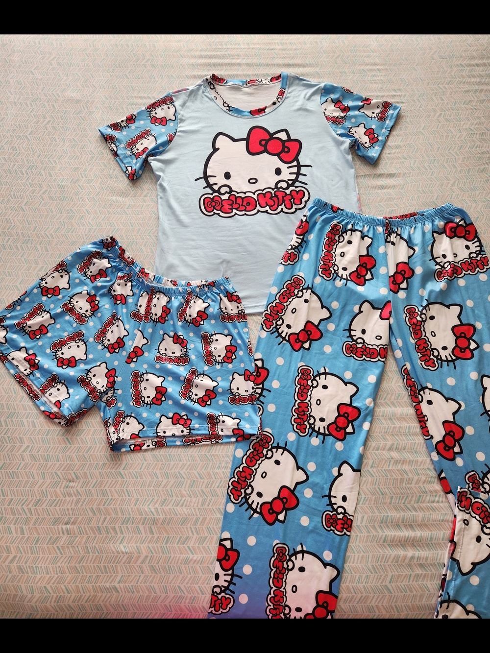 Hello Kitty Blue and Red Kids Pajama Set - Tee, Shorts & Pants